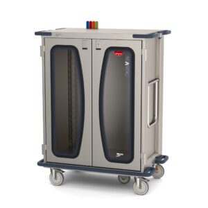 The Metro CaseVue CV36HC-5BFH Surgical Case Cart features 5th wheel steering, swing-up handles, four wheels, clear doors, and color flags on top. It has dimensions of 45.5W x 28D x 58.25H.