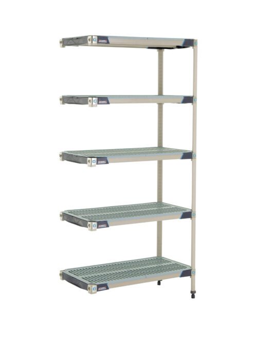 ttyj3gu4ks4iti8a1enyns8vsuknndxn.jpg The MetroMax i 5AX337GX3 5-Shelf Plastic Industrial Shelving Add-On Unit features five adjustable shelves in light gray with black corners, measuring 18 x 36 x 74, and a grid pattern supported by sturdy vertical posts.