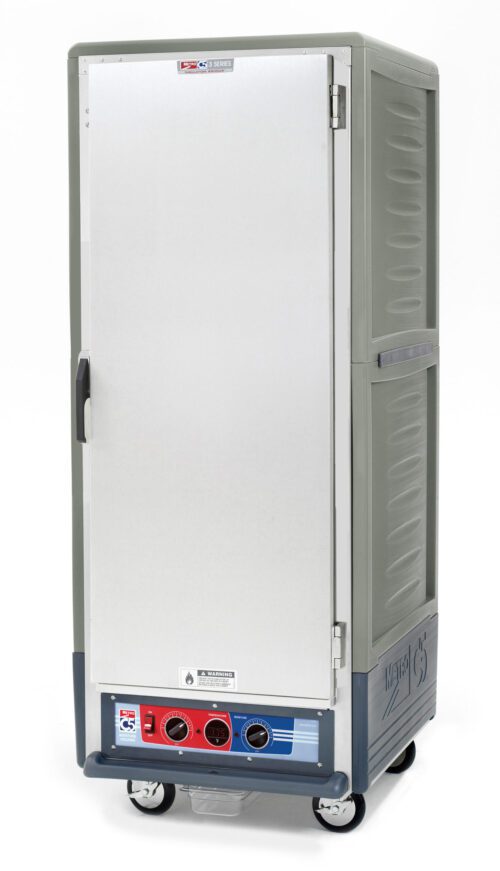The Metro C539-MXFS-U-GY is a full-height insulated moisture heated holding/proofing cabinet with a solid door and universal wire slides. Ideal for keeping food warm at events, it operates on 220-240V, 50/60Hz, and offers maximum storage efficiency in its tall, wheeled design.
