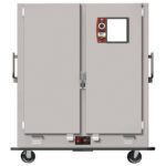 The Metro MBQ-200D-QH Two-Door Banquet Cabinet, featuring a Quad-Heat Thermal System, is a spacious gray unit with dual doors, a control panel on the top right, side handles, and four wheels for effortless transport. It operates at 120V and 1650W.