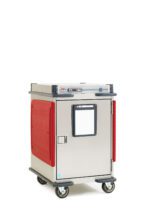 The Metro C5T5-DSB Heated Transport Cabinet, a half-height metallic cart with solid door and vibrant red panels, runs on 120V at 60Hz. It features adjustable bottom load slides, a digital display, four swivel wheels, and a rectangular handle against a plain white backdrop.