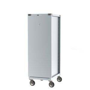 The Metro CD3N CD Series Bun Pan Delivery/Storage Cabinet boasts a tall, rectangular gray metal design with reinforced corners and smooth surfaces. Sitting on four caster wheels, it has a 35 pan capacity, making it ideal for storage or logistical needs.