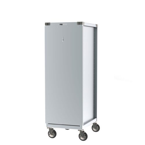The Metro CD3N CD Series Bun Pan Delivery/Storage Cabinet boasts a tall, rectangular gray metal design with reinforced corners and smooth surfaces. Sitting on four caster wheels, it has a 35 pan capacity, making it ideal for storage or logistical needs.