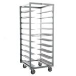 The Metro RD27N Oval Tray Pan Rack, measuring 27 x 29 x 70.25, features 6 slide spacing and multiple horizontal shelves for cooling or storing baked goods. Its a sturdy metal rack on four casters for easy movement and is open on all sides for effortless access.