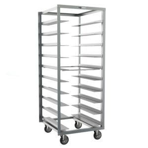 The Metro RD27N Oval Tray Pan Rack, measuring 27 x 29 x 70.25, features 6 slide spacing and multiple horizontal shelves for cooling or storing baked goods. Its a sturdy metal rack on four casters for easy movement and is open on all sides for effortless access.