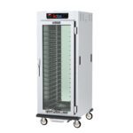 The Metro C599-SFC-UPFCA C5 9 Series is a full-height commercial cabinet with dual clear doors and universal wire slides. It features digital controls, multiple metal shelves, and stands on four wheels for easy mobility, providing controlled humidity for heated holding and proofing at 120V.