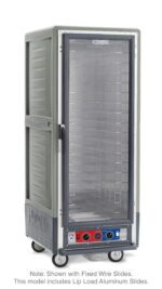 The Metro C539-CXFC-L-GY C5 3 Series is a gray, full-height insulated cabinet with a clear door, featuring lip load aluminum slides for optimal storage. It has bottom controls and wheels, operating at 220-240V and 1681-2000W.