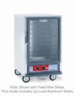 The Metro C515-HXFC-L C5 1 Series is a half-height commercial warming cabinet on wheels with a clear door and fixed wire slides. It features a red control panel with a digital display and efficient lip load aluminum slides powered by 1681-2000W, operating on 220-240V, 50/60Hz.