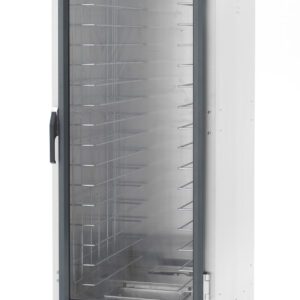 The Metro C519-CFC-4 C5 1 Series is a full-height holding/proofing cabinet with fixed wire slides, a transparent glass door, adjustable shelves, and a bottom control panel. Powered by 120V/60Hz/2000W, it sits on four caster wheels for easy mobility.