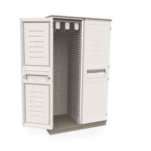 The Metro SXRD72SCATH1 Starsys Stationary Catheter Storage Cabinet is a double-wide, freestanding beige metal unit with one open door, displaying its spacious interior. It includes several compartments and ventilation slots, accommodating up to 360 catheters.