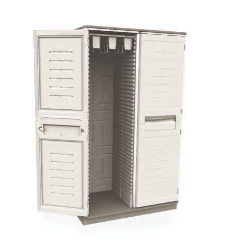 The Metro SXRD72SCATH1 Starsys Stationary Catheter Storage Cabinet is a double-wide, freestanding beige metal unit with one open door, displaying its spacious interior. It includes several compartments and ventilation slots, accommodating up to 360 catheters.