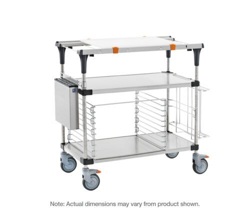 The Metro MS1830-FSFS-PK2 PrepMate MultiStation 30 Prep Station includes a solid stainless steel top and bottom shelves, stainless steel posts, and Accessory Pack 2. The station features a sturdy metal frame with blue and gray caster wheels; dimensions may vary from the product shown.