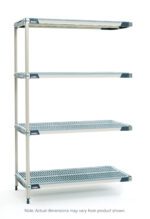 The MetroMax i AX326GX3 4-Shelf Plastic Industrial Shelving Add-On Unit features a sleek silver frame and durable blue mesh shelves. It measures 18 x 30 x 63 with adjustable legs and sturdy metal crossbars. Note: Actual dimensions may vary.