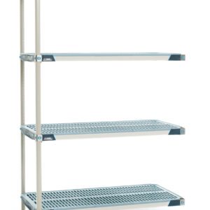 The MetroMax i AX326GX3 4-Shelf Plastic Industrial Shelving Add-On Unit features a sleek silver frame and durable blue mesh shelves. It measures 18 x 30 x 63 with adjustable legs and sturdy metal crossbars. Note: Actual dimensions may vary.
