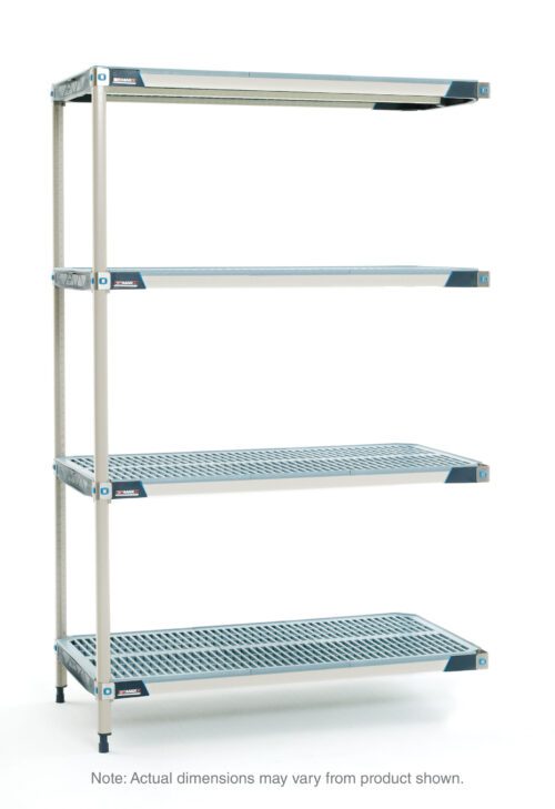 The MetroMax i AX326GX3 4-Shelf Plastic Industrial Shelving Add-On Unit features a sleek silver frame and durable blue mesh shelves. It measures 18 x 30 x 63 with adjustable legs and sturdy metal crossbars. Note: Actual dimensions may vary.