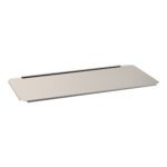 The Metro FL314 Flexline Pull Out Side Shelf is a smooth, reflective, rectangular metal shelf with rounded edges and a hinge on one side for folding or wall attachment.