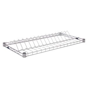The Super Erecta R1836BR-13 SMT Reel Shelf, measuring 18 x 36, includes a flat base and raised edges with a grid design. Its perfect for storing 13-15 reels and features a sleek silver metallic finish.