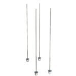 Four slim stainless steel skewers with gray handles stand vertically against a white backdrop, echoing the sleek design of the Metro BTMS qwikTRAK Mobile Unit Kit, Stainless Steel.