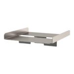 The Metro GB-SHELF Stainless Steel Gowning Bench Shelf features a sleek, minimalist design with raised edges. Its flat surface and dual vertical supports securely hold small items, blending seamlessly into any modern space.