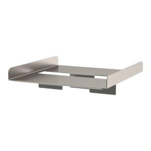The Metro GB-SHELF Stainless Steel Gowning Bench Shelf features a sleek, minimalist design with raised edges. Its flat surface and dual vertical supports securely hold small items, blending seamlessly into any modern space.
