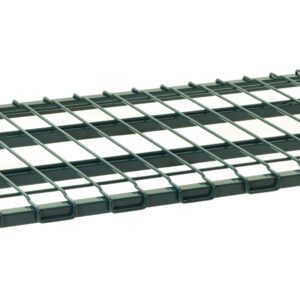 The Metro 1836DRK3 Super Erecta Heavy-Duty Dunnage Shelf features a rectangular shape and grid pattern, with a reinforced frame and horizontal support bars, ideal for shelving units or storage systems. It measures 18 x 36 in Metroseal Green Epoxy.