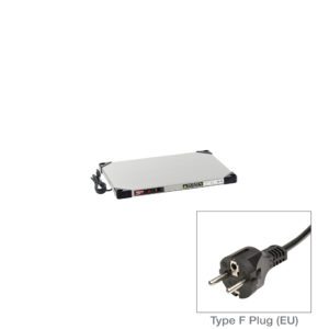 The Metro HSX1824-EU Super Erecta Hot Stainless Steel Heated Shelf, 18 x 24, is a silver electronic device featuring black corners, a power cord, and digital display. It includes a close-up of its Type F plug for EU compatibility (220-240V).