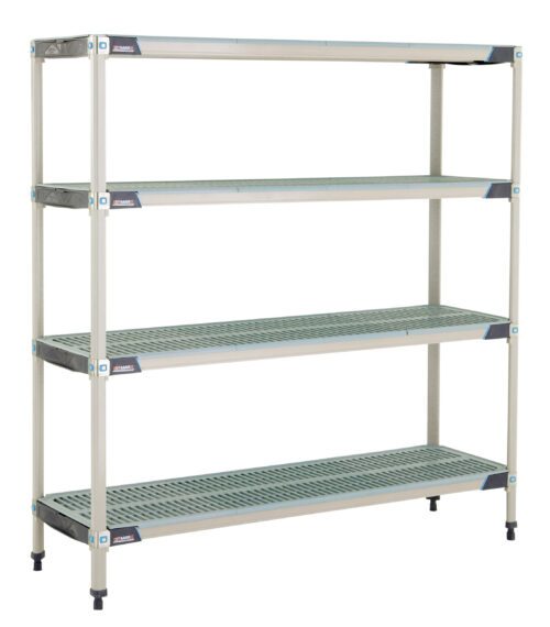 The MetroMax i X366GX3 4-Shelf Plastic Industrial Shelving Starter Unit, measuring 18 x 60 x 63, includes four adjustable grated shelves and sturdy legs with adjustable feet, making it perfect for storage or organization in various settings.