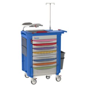 The Metro LECPEDS1 Lifeline Pediatric Crash Cart in blue features colorful drawers, an IV pole, a side-mounted grey waste bin, essential medical equipment on top like a defibrillator, and wheels for easy mobility during emergencies.