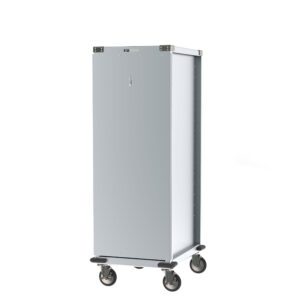 The Metro CD3NA32 Tall, Grey Bun Pan Delivery/Storage Cabinet features gray corner bumpers, reinforced edges, a secure locking keyhole, and holds up to 35 pans.