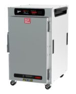 The Metro HBCN8-DS-UC HotBlox is a stainless steel 8-pan undercounter holding cabinet with a solid door, intuitive digital touchscreen controller, and red logo. It features side handles, four wheels for mobility, and operates on 120V/60Hz with an 875W power system and NEMA 5-15P plug.