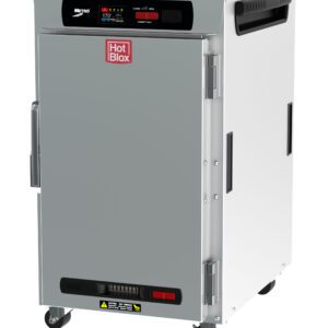 The Metro HBCN8-DS-UC HotBlox is a stainless steel 8-pan undercounter holding cabinet with a solid door, intuitive digital touchscreen controller, and red logo. It features side handles, four wheels for mobility, and operates on 120V/60Hz with an 875W power system and NEMA 5-15P plug.