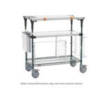 The Metro MS1848-FSNK-PK2 PrepMate MultiStation 48 Prep Station with Accessory Pack 2 features a Solid Stainless Steel top shelf and Metroseal Green Epoxy Wire bottom shelf, Stainless Steel posts, two shelves, four swivel wheels, side rack, handle, and box attachment. Note: Dimensions may vary.