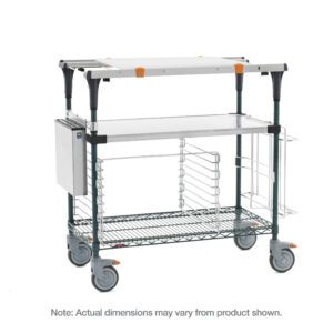 The Metro MS1848-FSNK-PK2 PrepMate MultiStation 48 Prep Station with Accessory Pack 2 features a Solid Stainless Steel top shelf and Metroseal Green Epoxy Wire bottom shelf, Stainless Steel posts, two shelves, four swivel wheels, side rack, handle, and box attachment. Note: Dimensions may vary.