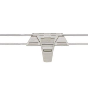 A sleek metal garment hanger, 72 L x 2 H, features five clamps on a bar for hanging items and hooks for rod attachment, seamlessly complementing the Metro MXL72-2S Stackable Shelf Ledge for MetroMax i Industrial Plastic Shelving.