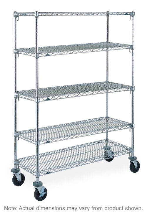 The Metro Super Adjustable Super Erecta 5A366BC cart features sturdy construction with five chrome industrial wire shelves and four large casters for easy mobility. Dimensions: 18 x 60 x 67.875. Actual dimensions may vary from product shown.