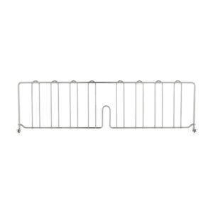 The chrome Metro DD30C Super Erecta 8 High Shelf Divider boasts vertical bars and a U-shaped notch, ideal for supporting items on wire shelves, and is elegantly displayed against a white background.