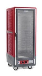 The Metro C539-HFC-4A C5 3 Series is a full-height red insulated holding cabinet with a clear glass door, fixed wire slides, interior shelving, and control knobs. It operates on 120V with wheels for mobility, ensuring efficient food storage and accessibility.