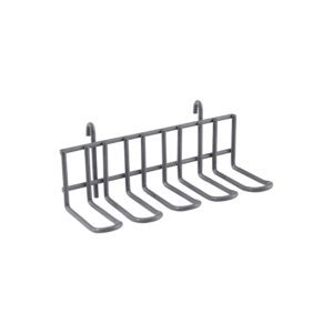 The Metro IWA-14K4 SmartWall Small Utensil Holder features five U-shaped hooks for hanging cups or utensils and a Metroseal Gray Epoxy finish. This metal wall-mounted rack includes two top mounting hooks for simple installation.