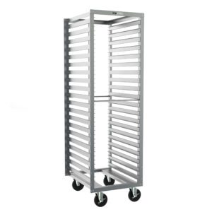 The Metro RD13NA120 End-Load Pan Rack features a tall, wheeled, metal frame with 1.5 slide spacing and dimensions of 21.25 x 26.5 x 69.75, offering easy mobility and storage in kitchens or industrial settings.