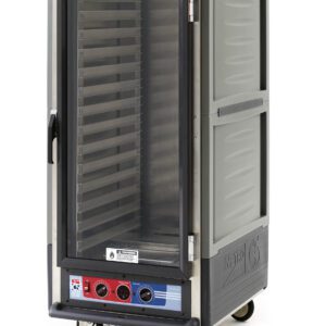 The Metro C5 Series Insulated Moisture Cabinet features a full-length clear door, lip load aluminum slides, and wheels for easy access. Its 3/4 height gray design includes red and blue control knobs for the 120V, 60Hz power system.