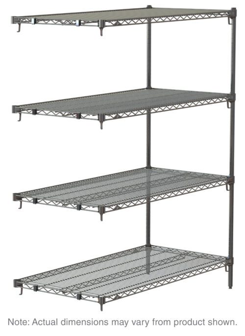 The Metro Super Adjustable Super Erecta AA456C 4-Shelf Wire Shelving Add-On Unit in chrome features adjustable racks on a four-tier metal wire frame, measuring 21 x 48 x 63. Dimensions may slightly differ from the product image shown on a white background.