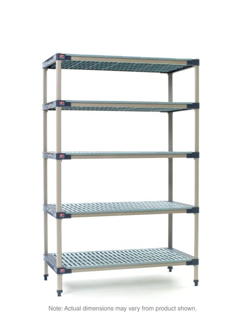 The MetroMax 4 5X417G4 5-Shelf Plastic Industrial Shelving Starter Unit measures 21 x 24 x 74, includes adjustable legs, and features five ventilated shelves in a sturdy frame. Note: actual dimensions may vary from the product shown.