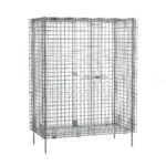 The Metro SEC55CQ qwikSLOT Stationary Security Shelving Unit, made from chrome metal with a mesh design and secure door latch, measures 27.25 x 50.5 x 66.8125. It offers robust and reliable storage solutions, standing on four legs against a plain white background.