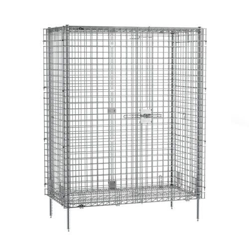 The Metro SEC55CQ qwikSLOT Stationary Security Shelving Unit, made from chrome metal with a mesh design and secure door latch, measures 27.25 x 50.5 x 66.8125. It offers robust and reliable storage solutions, standing on four legs against a plain white background.