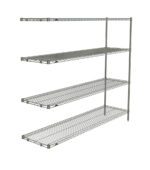 The Brite Metro AN376BR Super Erecta 4-Shelf Add-On Unit is 18 x 72 x 63, includes a sturdy right vertical support bar and four adjustable shelves, offering a spacious open design ideal for versatile storage and organization in any setting.