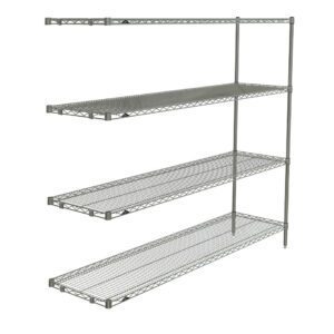 The Brite Metro AN376BR Super Erecta 4-Shelf Add-On Unit is 18 x 72 x 63, includes a sturdy right vertical support bar and four adjustable shelves, offering a spacious open design ideal for versatile storage and organization in any setting.