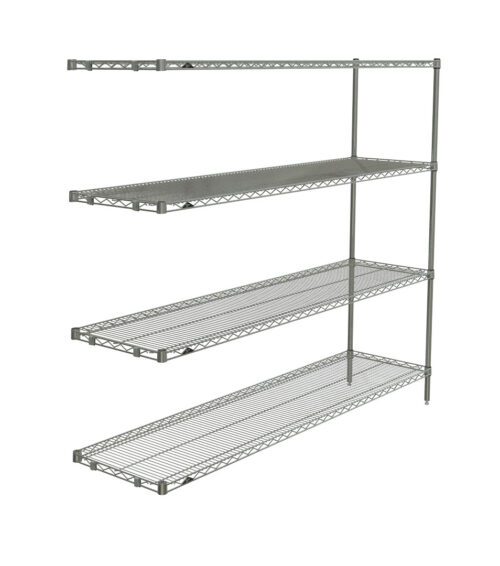 The Brite Metro AN376BR Super Erecta 4-Shelf Add-On Unit is 18 x 72 x 63, includes a sturdy right vertical support bar and four adjustable shelves, offering a spacious open design ideal for versatile storage and organization in any setting.