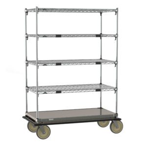 Introducing the Metro ECN55CS Super Adjustable Super Erecta Transport and Exchange Cart—ideal for warehouses or workshops with a 24 x 48 frame, four wire shelves, and a galvanized steel bottom shelf. It glides smoothly on large wheels for easy storage and mobility.