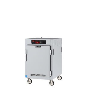 The Metro C585X-SFS-LA Cabinet is a gray, portable reach-in unit with a digital control panel, Lip Load Aluminum Slides, and a full-length solid door. It includes sturdy handles and four wheels for mobility and is ideal for 220-240V, 50/60Hz operations at 1681-2000W.