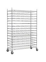 The Super Erecta CB16MDR266092S Mobile 16-Tier Rack, a stainless steel unit with a silvery finish, features adjustable shelves and four wheels for easy transport. Its open design measures 26 x 60 x 92, ideal for organizing and drying items.